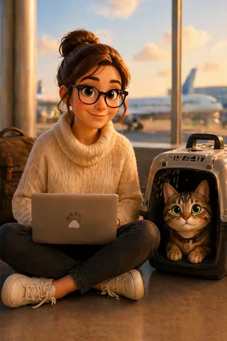 Emma traveling with Luna the Tabby cat
