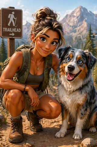Jules traveling with Nala the Australian Shepherd