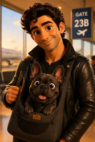 Marco traveling with Mochi the French Bulldog