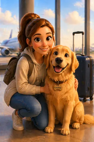 Sarah traveling with Cooper the Golden Retriever
