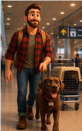 Tom traveling with Koda the Chocolate Labrador mix