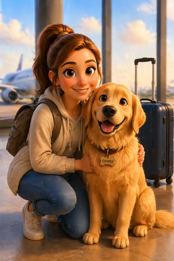 Sarah traveling with Cooper the Golden Retriever
